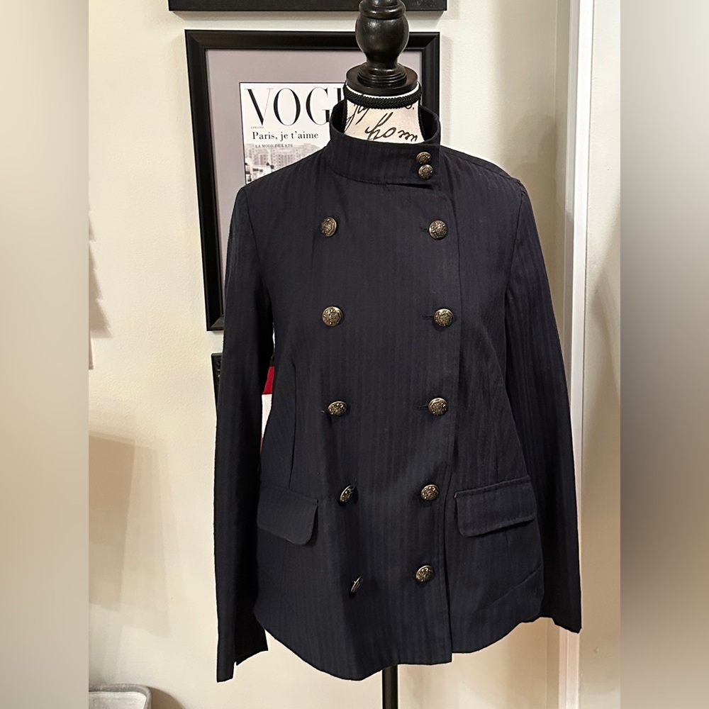 Free People military inspired blue and black pinstripe jacket